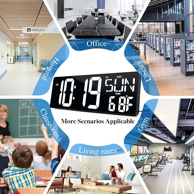 17.2"Large Digital Wall Clock Large Display with Remote Control 180°Visible | Timer with Temperature Date Week Auto DST Adjustable Brightness, for Living Room Classroom Garage Gym Gift for Senior Mom Dad