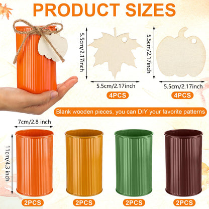 Acellegic 8 Pack Thanksgiving Table Centerpieces Fall Galvanized Metal Vases Decorations Farmhouse Flower Buckets Mason Jar Utensil Holder with Wooden Cutouts & Twine Bow for Holiday Table Decor