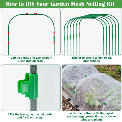 Unves 67 Pcs Garden Netting Kit, 10x25 Ft Ultra Mosquito Bird Netting with 6 Hoops & 12 Clips, Fruit Tree Netting for Patio Raised Beds Vegetable Flowers Protection Barrier Plant Covers Net