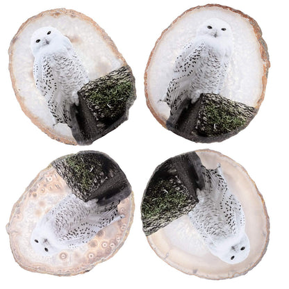 mookaitedecor Natural Agate Slice Art Print Snowy Owl Table Display with Wooden Stand, Irregular Agate Geode Stone Figurine for Office & Home Decoration