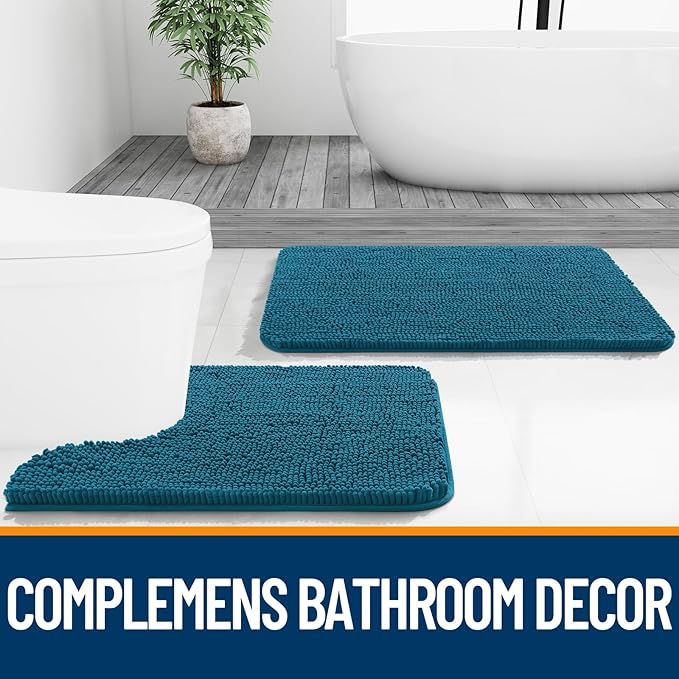 OLANLY Bathroom Runner Rugs 47x17, Soft Absorbent Chenille Bath Rugs, Rubber Backing Quick Dry, Machine Washable Long Bath Mats for Bathroom Floor, Tub and Shower, Home Decor Accessories, Peacock Blue