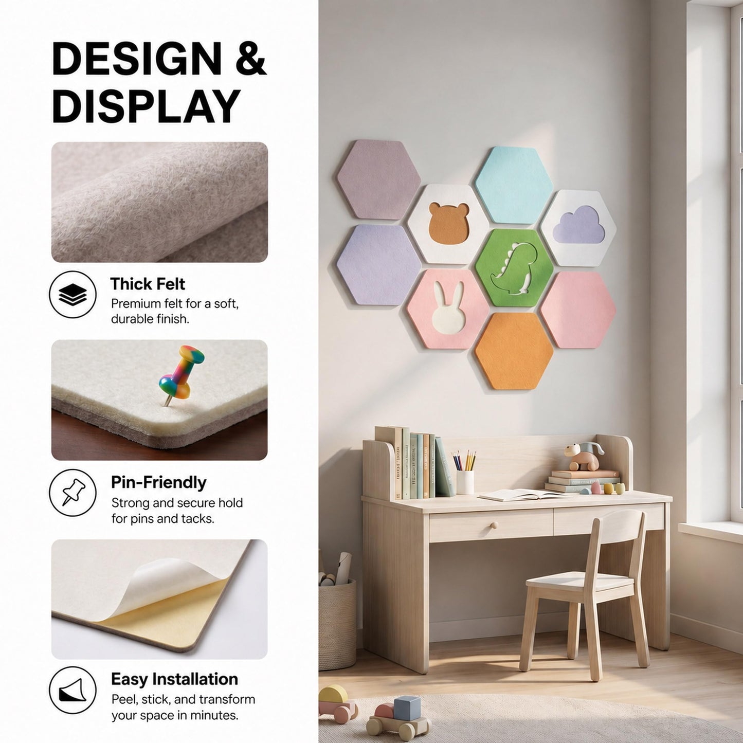 HBK 10 Pack Self Adhesive Felt Bulletin Board Tiles for Wall, 12 Inch Hexagon Pin Board Set with Cute Shapes and Push Pins, Photo Memo Board for Kids Room, Nursery, Classroom, Home Office Decor
