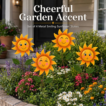 WKHOMEDECO 4 Pack Smiley Sunflower Decorative Garden Stakes, 20.5 Inch Metal Flower Garden Stakes for Outside, Yard Art Outdoor Decor for Lawn Planter Porch Patio