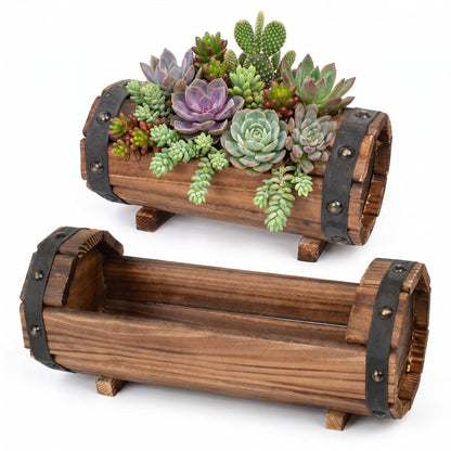 DOITOOL Half Barrel Planters Outdoor, 2 Pack Rustic Solid Wood Flower Pots for Plants, Carbonized Wooden Whiskey Wine Barrel Planter Set for Garden Patio Porch Windowsill Decoration (Brown)