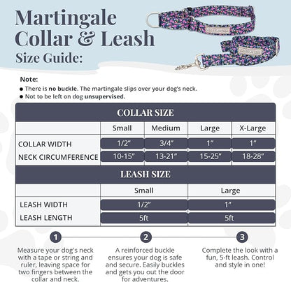 Lucky Love Dog Martingale Dog Collar & Leash - Adjustable, No-Slip, Durable, Comfortable, Soft Webbing, & Stylish Patterned Collar & Leash Set for Male and Female Dogs - Primrose Combo, Large