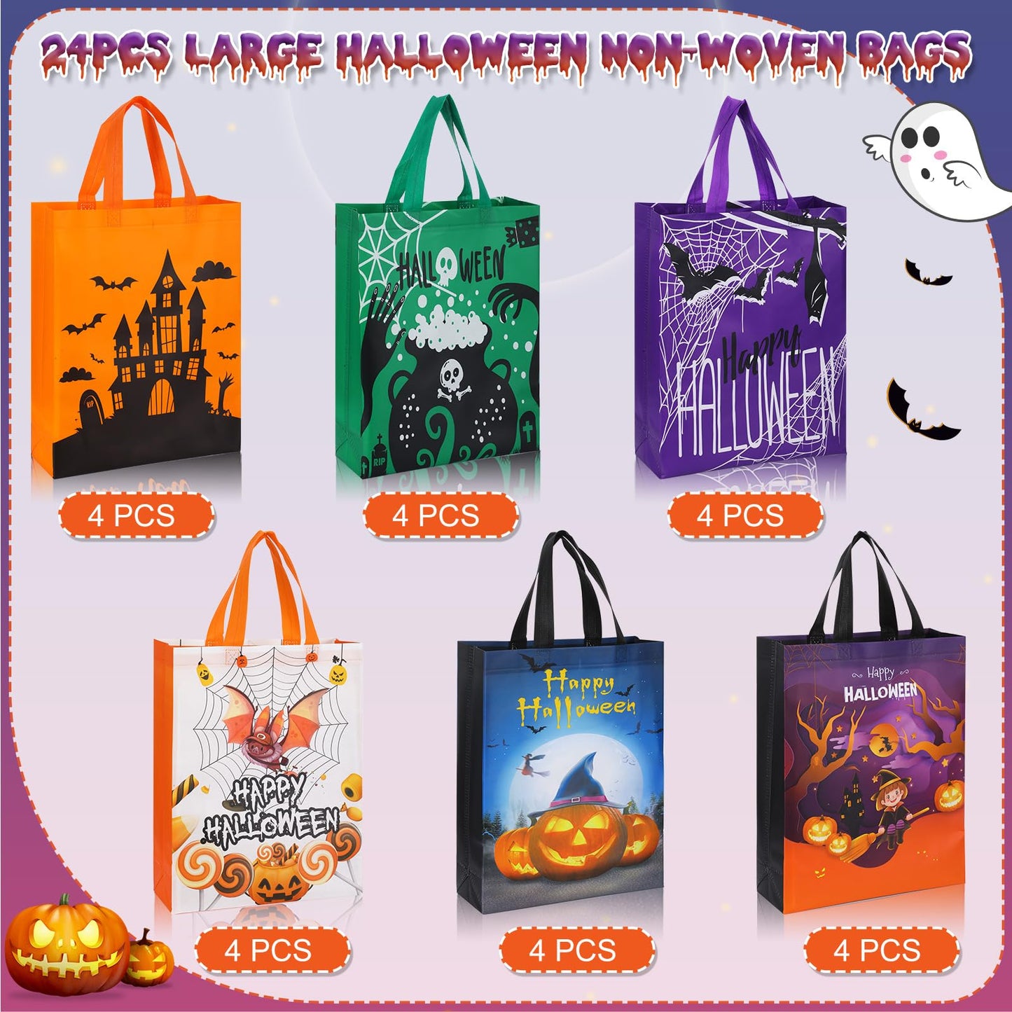 Sanwuta 24 Pcs Halloween Tote Gift Bags 14.9 x 11.8 Large Trick or Treat Reusable Non Woven Candy Treat Goodies Bags for Halloween Party Supplies