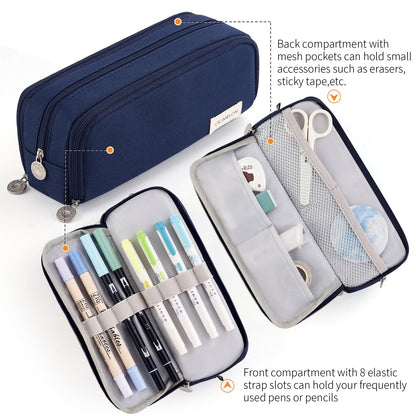 CICIMELON Large Capacity Pencil Case 3 Compartment Pouch Pen Bag for School Teen Girl Boy Men Women (Navy)