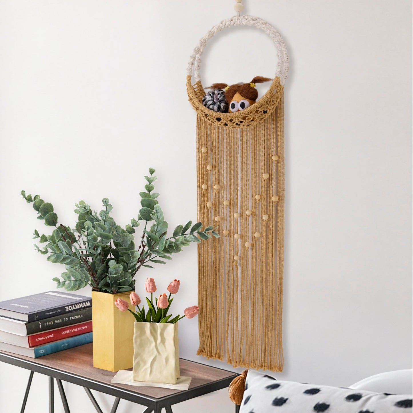 LB Brown Macrame Wall Hanging Holder, Bohemian Macrame Wall Art for Bedroom,Boho Handmade Woven Hanging Plant Shelf Toy Displays Organizer for Living Room Nursery Office 9.84" W x 35.43" L