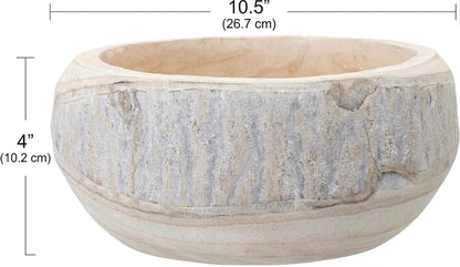 BOLTCORRSE Large Whitewashed Decorative Wood Bowl - Dramatically Textured Hand-Carved Paulownia Wooden Centerpiece - Rustic Farmhouse & Organic Modern Decor Accent
