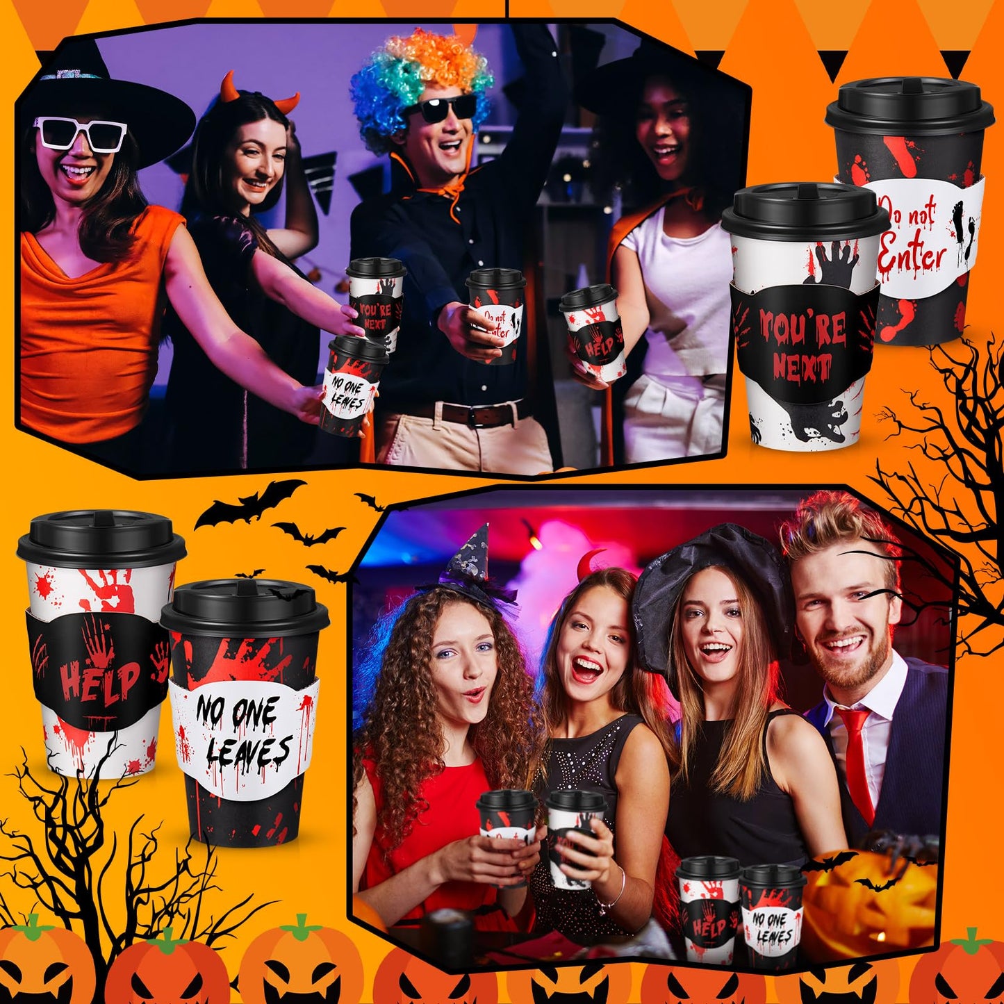 MotiMind 48 Set Halloween Disposable Coffee Cups with Lids & Sleeves 12 oz Halloween Hot Cold Beverage Paper Cups Bulk for Holiday Coffee Drinking Party Supplies Decorations(Black and Red,Blood)