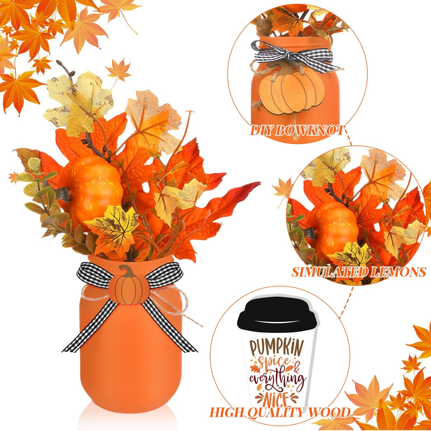 Jexine 18 Pcs Fall Mason Jar Table Centerpiece for Dining Room Mason Jar Vases Faux Floral Maple Leaves Pumpkins with Rope Wood Sign Farmhouse Tray Decor for Fall Wedding Kitchen Living Room