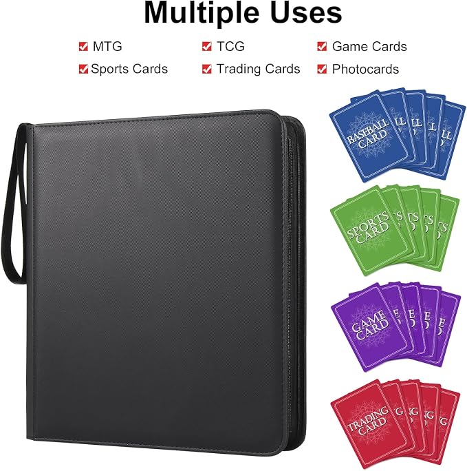 GEAoffice 12 Pocket Trading Card Binder, Premium PU Card Binder, Side Loading Card Album Folder for YuGiOh, MTG, TCG, Game & Sports, Zip Closure, Non-PVC, Black