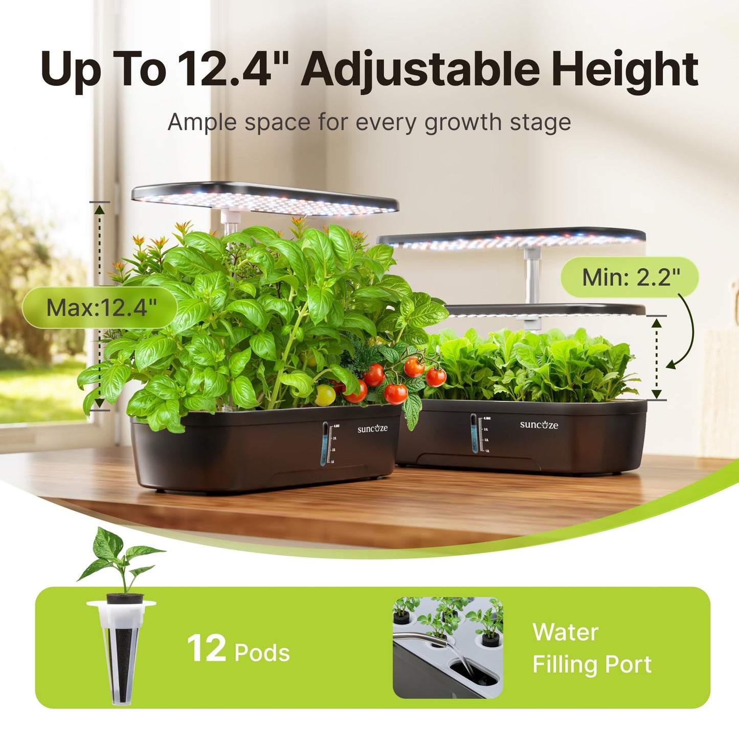 SUNCOZE Hydroponics Growing System Kit 12 Pods, Indoor herb Garden with 20W LED Grow Light, Visible Water Tank with Pump, 2.2"-12.4" Adjustable Height Indoor Gardening System, Gardening Gifts, Black