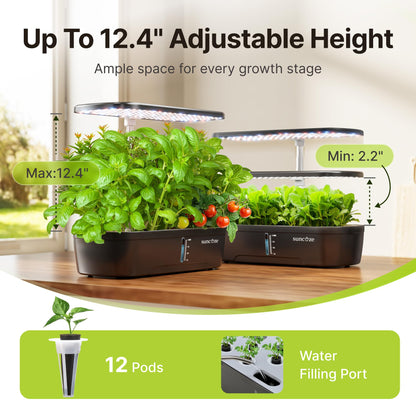 SUNCOZE Hydroponics Growing System Kit 12 Pods, Indoor herb Garden with 20W LED Grow Light, Visible Water Tank with Pump, 2.2"-12.4" Adjustable Height Indoor Gardening System, Gardening Gifts, Black