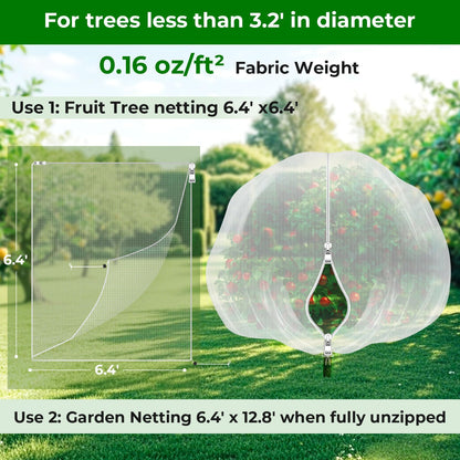 Fruit Tree Netting with 2-Way Zipper & Drawstring - 6.4'x6.4' Garden Plant Net Pest Barrier to Prevent Cicadas Bird Squirrel Deer - Protection for Blueberry Tomato with Fine Mesh Insect Cover (2 Pack)