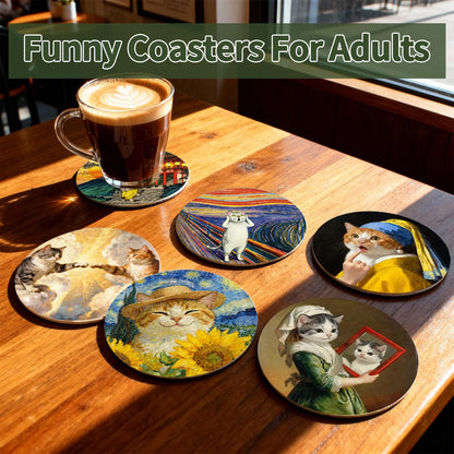TBWHL Funny Coasters Set of 6, Fun Cat Drink Coasters, Absorbent Drink Anime Cat Coasters, Non Slip Cute Coasters for Desk, Coffee Table, Dining Room Decor