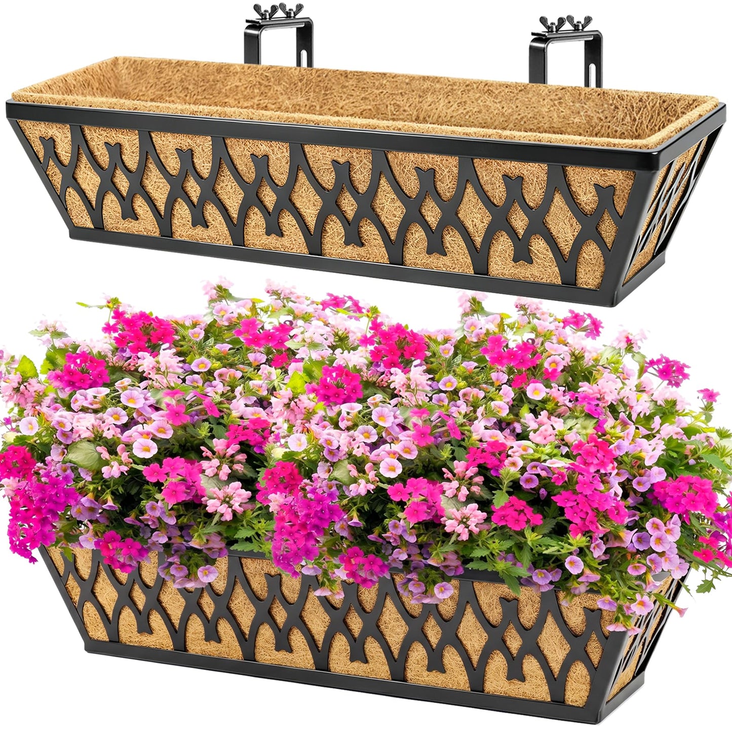 Karlliu 2 Pack 24 Inch Window Boxes Planters Railing Planter Box with Adjustable Brackets for Porch Fence Patio Balcony Hanging Flower Baskets with Coco Liners for Outdoor Garden Décor - Black