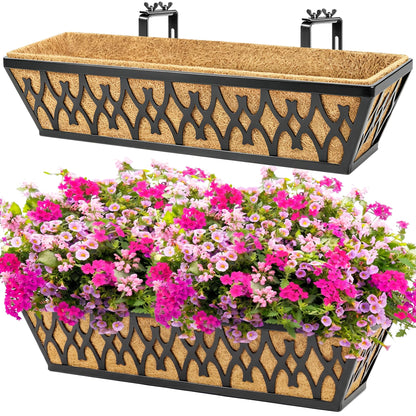 Karlliu 2 Pack 24 Inch Window Boxes Planters Railing Planter Box with Adjustable Brackets for Porch Fence Patio Balcony Hanging Flower Baskets with Coco Liners for Outdoor Garden Décor - Black