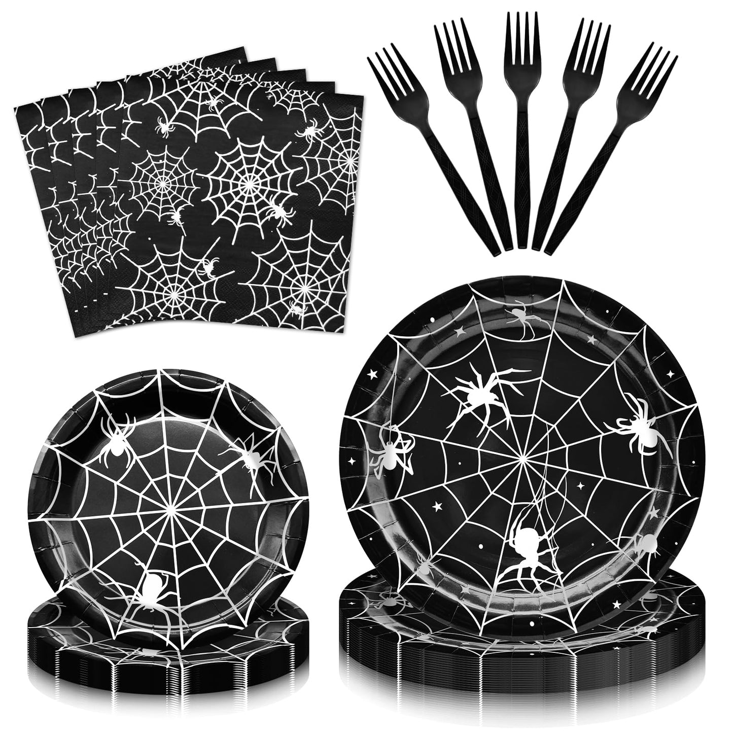 96 Pieces Halloween Spider Web Tableware Set Party Supplies – Disposable Plates, Napkins, and Forks, Black and White Spider Design for Halloween Haunted House Trick or Treat Event, Serves 24 Guests