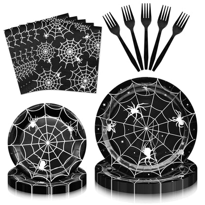 96 Pieces Halloween Spider Web Tableware Set Party Supplies – Disposable Plates, Napkins, and Forks, Black and White Spider Design for Halloween Haunted House Trick or Treat Event, Serves 24 Guests