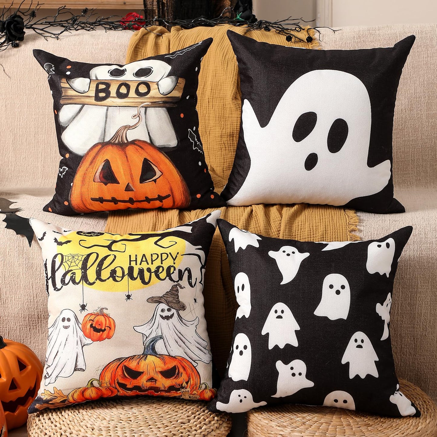 multiwins Halloween Decorations Set of 4 Double-Sided Print Ghost Pillow Covers 18" x 18", with 8 Cute Halloween Decor Patterns, Soft Linen Throw Pillow Covers for Outdoor & Indoor Use