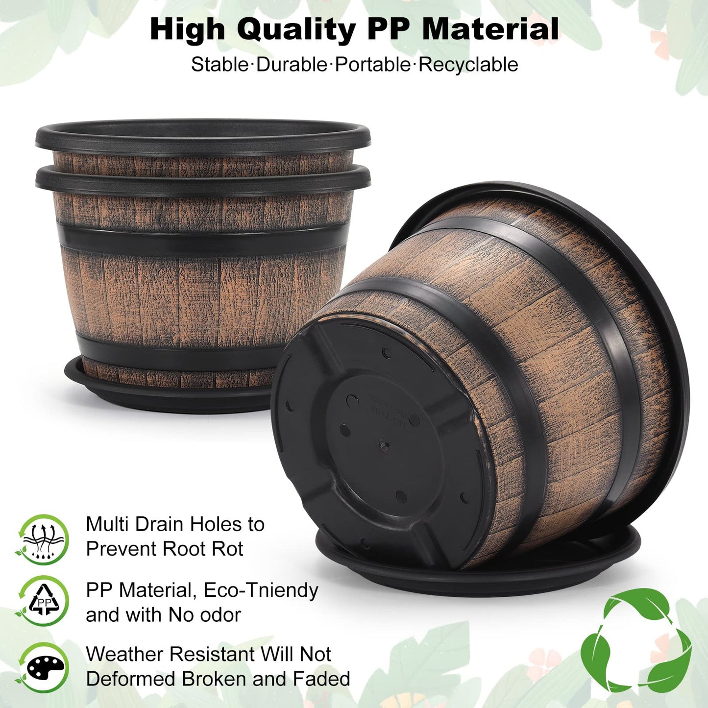 Quarut Large 4 Pack12 inch Plant Pots and 4 Pack14 inch Plant Pots,Flower Pots Imitation Wine Barrel Design for Indoor & Outdoor