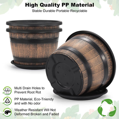 Quarut Large 4 Pack12 inch Plant Pots and 4 Pack14 inch Plant Pots,Flower Pots Imitation Wine Barrel Design for Indoor & Outdoor