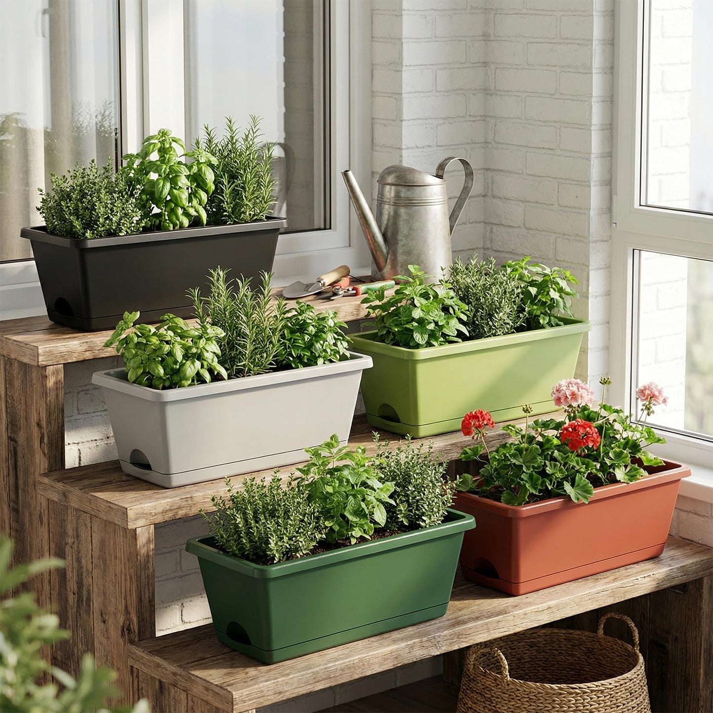 CAKKVDE 7 Pack Window Box Planters, 17 Inch Plastic Rectangular Flower Pots for Indoor/Outdoor Plants, Herbs, Vegetables, Includes Trowel, Waterproof Mat & Gloves (Brick-red)