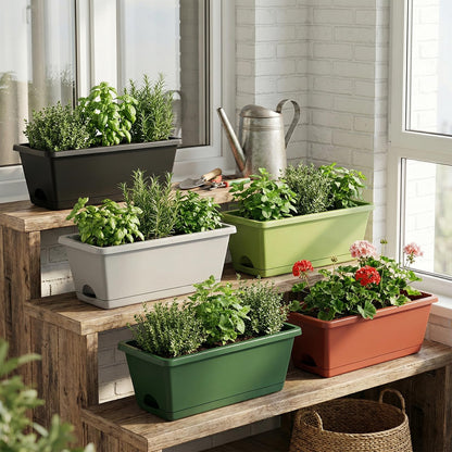 CAKKVDE 7 Pack Window Box Planters, 17 Inch Plastic Rectangular Flower Pots for Indoor/Outdoor Plants, Herbs, Vegetables, Includes Trowel, Waterproof Mat & Gloves (Brick-red)