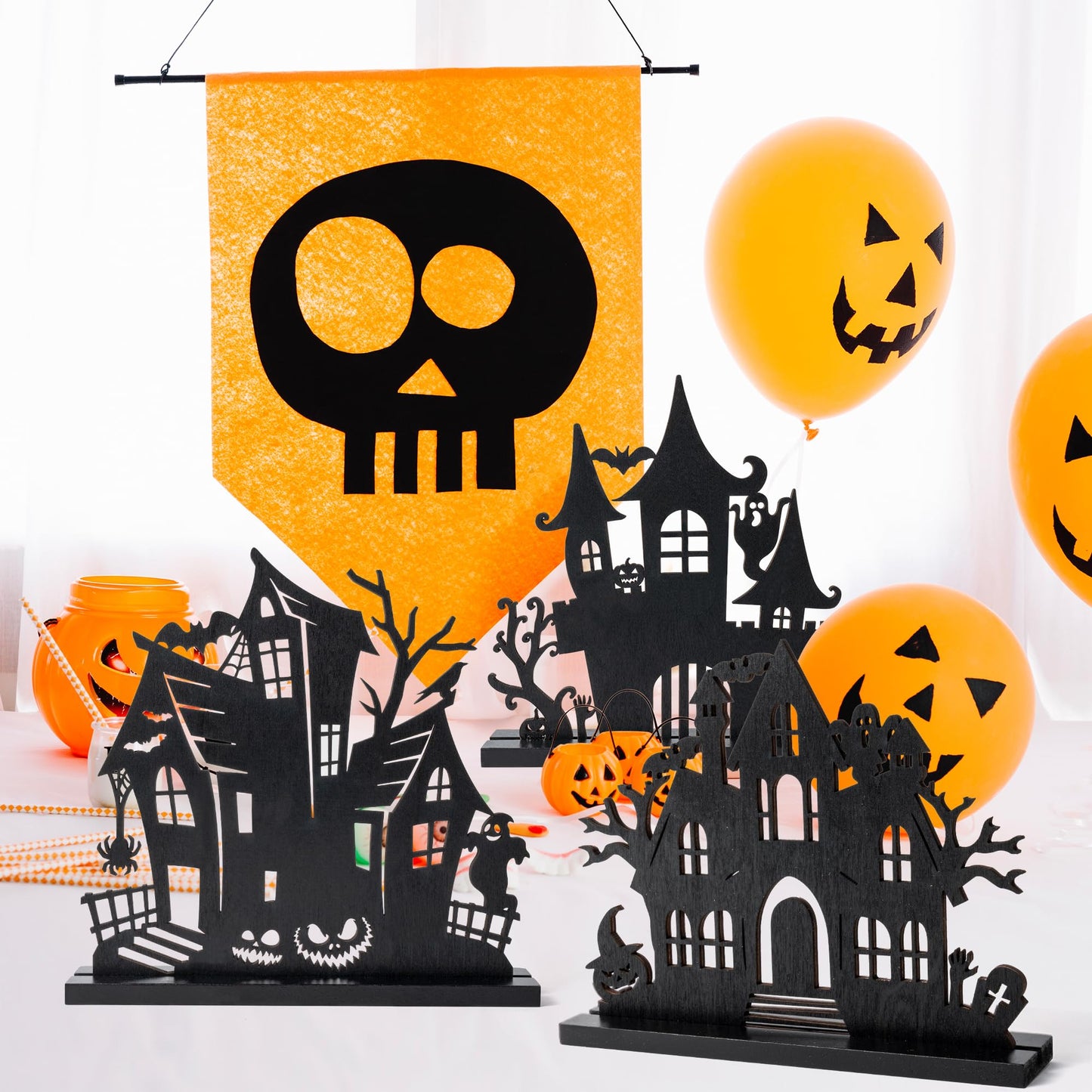 WATINC Halloween Wooden Centerpiece Decorations - 5Pcs Silhouette Haunted House Wood Tabletop Decor, Black Sketch Ghost Pumpkin Boo Detachable Tiered Tray Signs Tables Topper for Home Kitchen Party