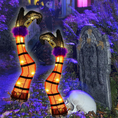 Juegoal Set of 2 Halloween Lighted Wicked Orange Witch Legs with Stakes, 22" Light Up Tinsel Halloween Yard Sign Prop Timer & 8 Modes, Battery Operated for Outdoor Party Haunted House Garden Decor