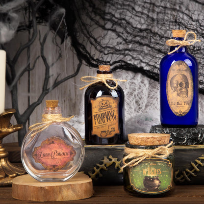HOHUCRAB Potion Bottles Halloween Decoration, Set of 4 Glass Potion Bottles with Corks and 10 Halloween Bottle labels, Halloween Tiered Tray Decor, Halloween Decorations Indoor