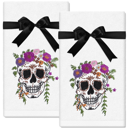 JarThenaAMCS 2 Pcs Halloween Skull Hand Towels Flower Skull Embroidered Cotton Towel Dish Towel with Ribbon for Kitchen Bathroom Drying Cleaning, 29.5 x 13.7 Inch