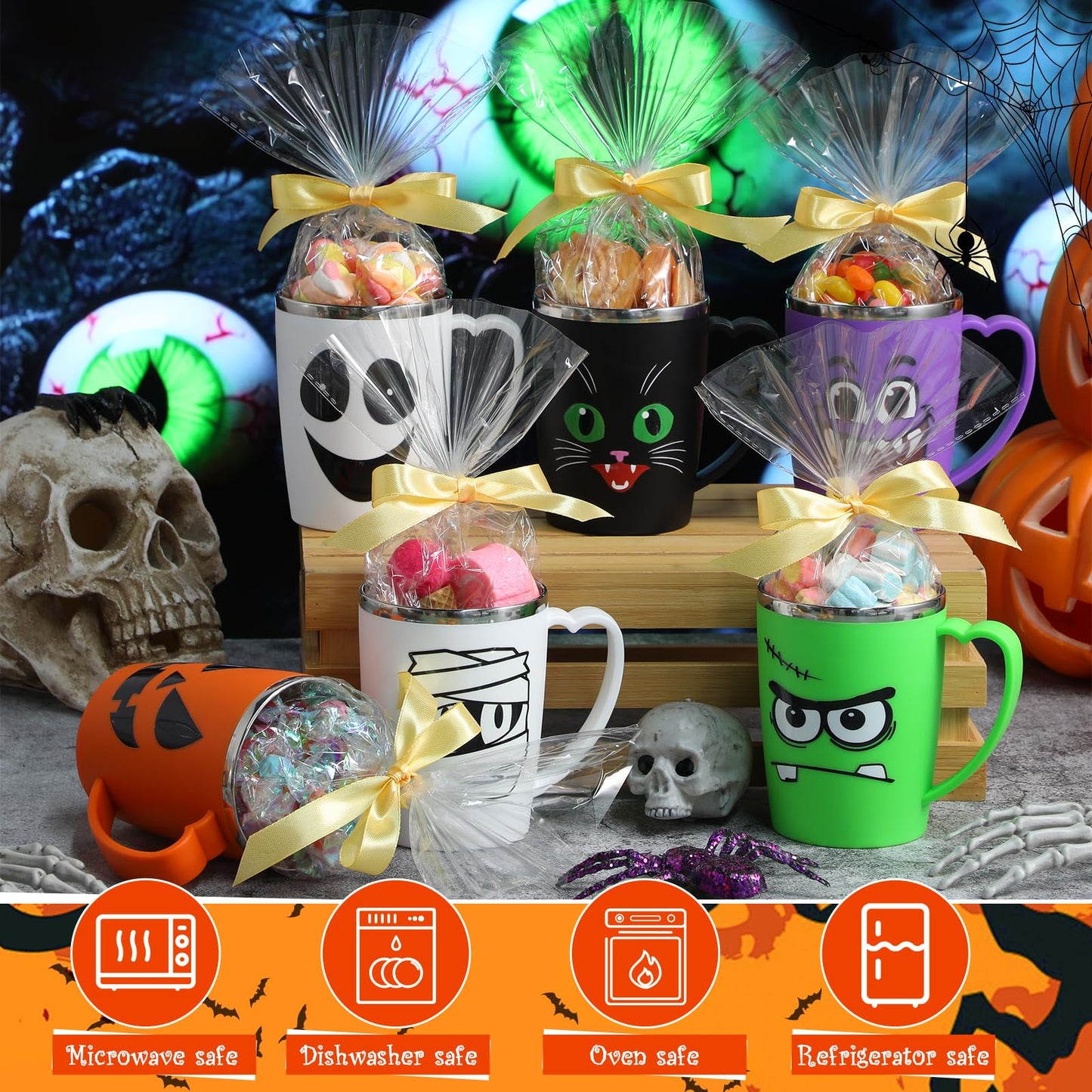 Patelai 6 Sets Halloween Coffee Mugs Cups 16 oz Halloween Stainless Steel Insulated Tumblers Bulk with Handle Lid Straw Brushes Clear Opp Bags Ribbons Spooky Black Cat Ghost Trick or Treat Party Gifts