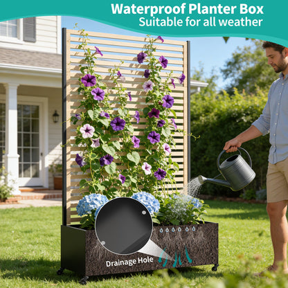 Metal Planter Box with Trellis Privacy Screen, Raised Garden Bed with Trellis & Wheels, Privacy Planters for Patio, Planter Box with Drainage Holes for Climbing Plants, Flower, 73"x 47"x 16", Wood