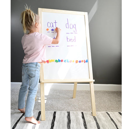 4-in-1 Wooden STEM Learning Easel – Magnetic, Write-and-Wipe & Flannel Board for Early Math, Geometry & Interactive Classroom Activities
