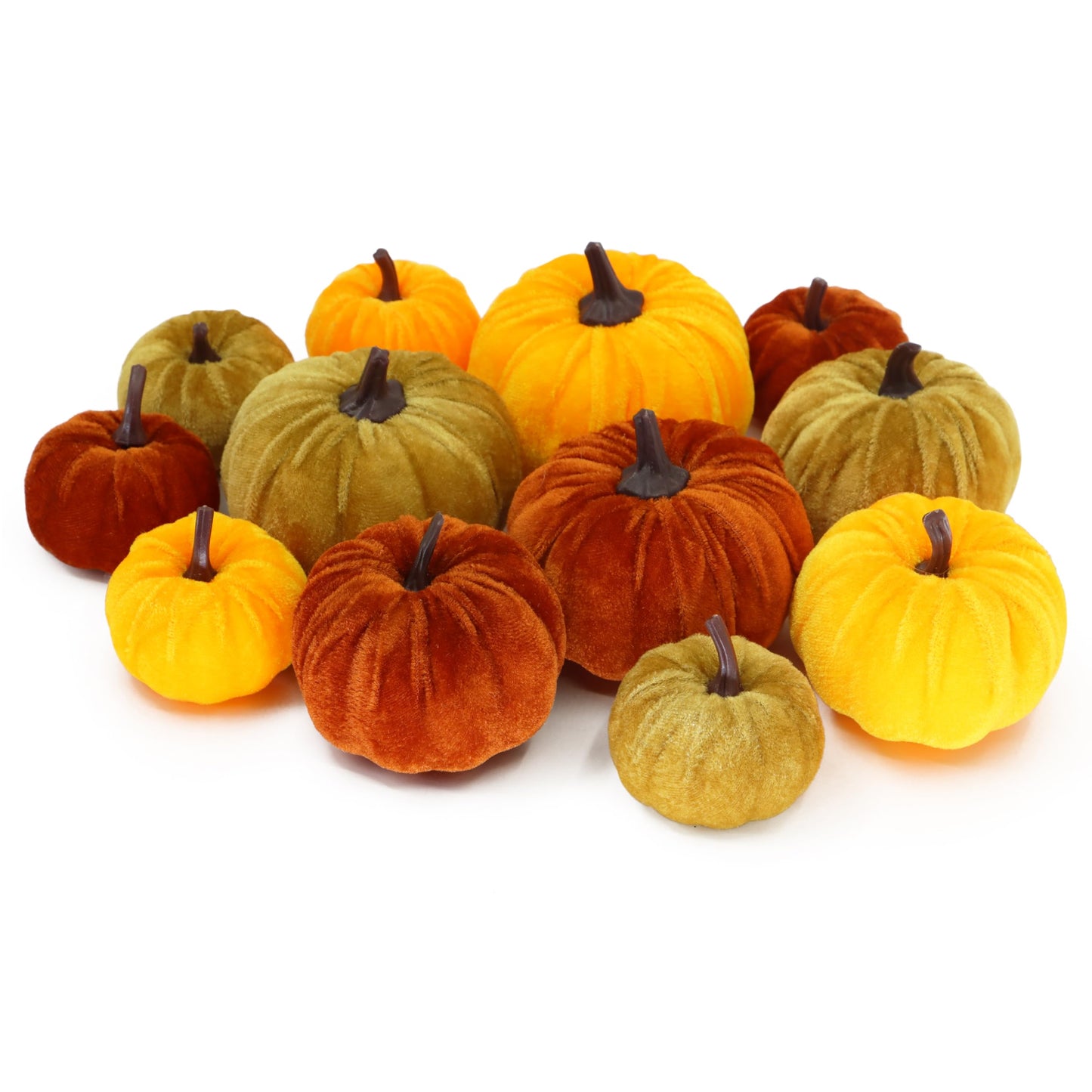 FAFVBING 12 Faux Flocked Pumpkins, Perfect for Fall Harvest, Halloween, or Thanksgiving Table Centerpieces(12, Orange, Yellow, and Crimson)