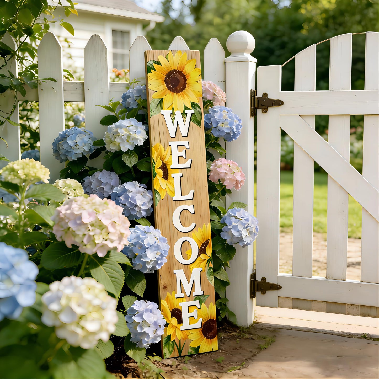 Summer Welcome wooden porch sign Vertical hanging decorations Welcome sign front door standing Decorative sign 47x7.8Inch Sunflower pattern for Outside Yard Decor