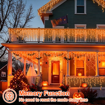 YEGUO 33ft 400 LED Orange Thanksgiving Lights, Connetable Icicle Light Outdoor Waterproof, 8 Modes Christmas Lights Indoor Plug in for Thanksgiving House Patio Fall