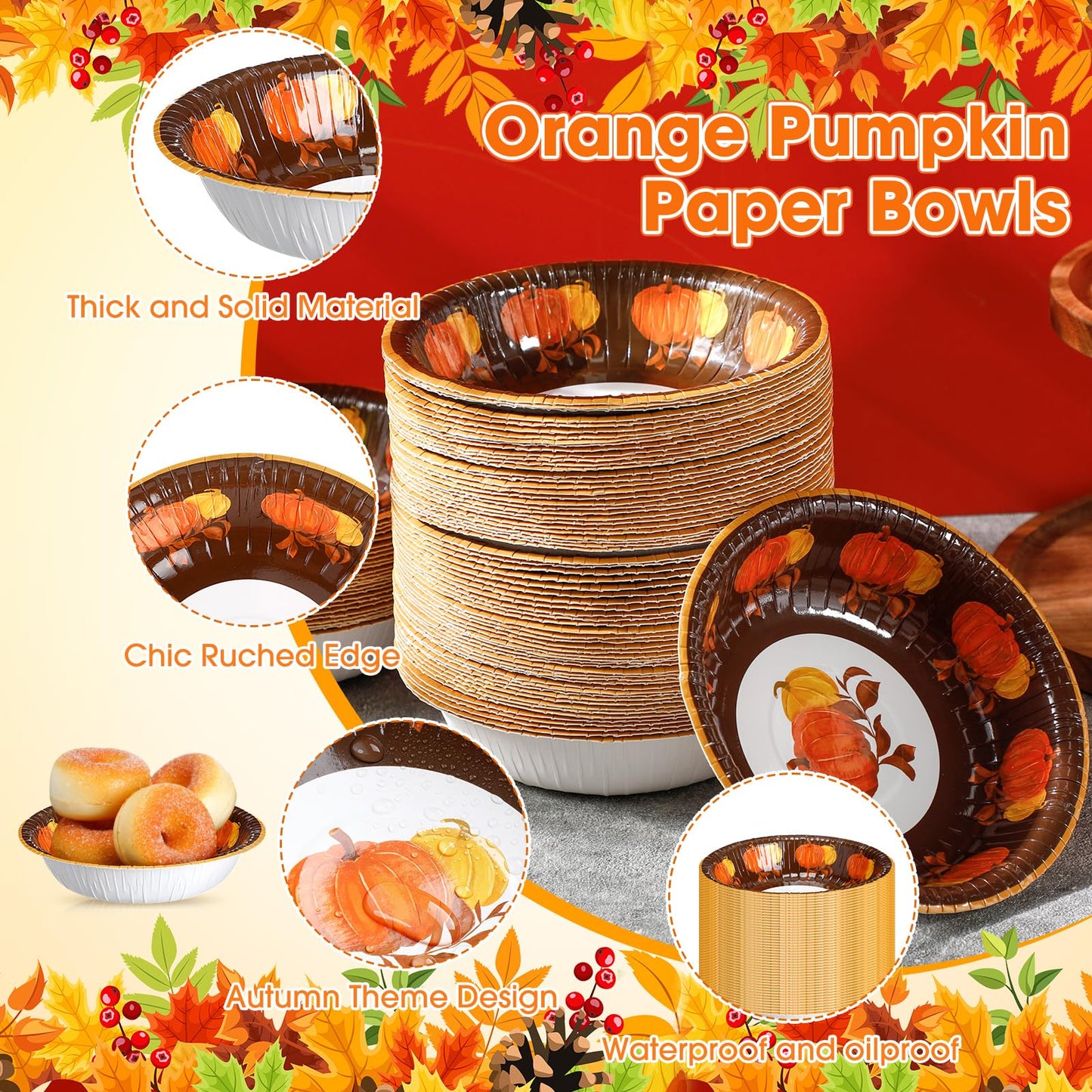 Sliner 50 Pcs 12 oz Fall Thanksgiving Paper Bowls Orange Pumpkin Pattern Hot Soup Bowls Fall Disposable Serving Salad Snack Plates Cups for Dessert Milk Cereal for Autumn Thanksgiving Holiday Party