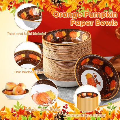 Sliner 50 Pcs 12 oz Fall Thanksgiving Paper Bowls Orange Pumpkin Pattern Hot Soup Bowls Fall Disposable Serving Salad Snack Plates Cups for Dessert Milk Cereal for Autumn Thanksgiving Holiday Party