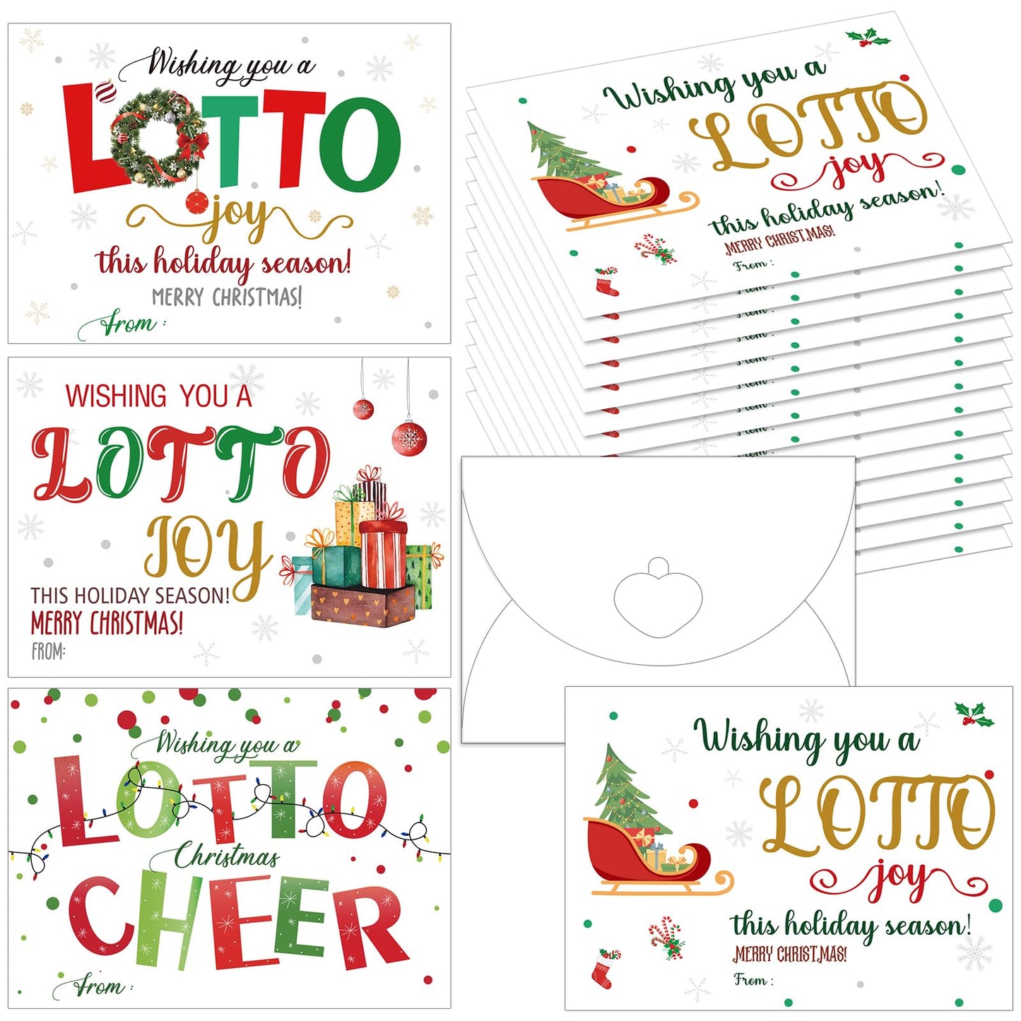 Gersoniel 48 Pack Christmas Lottery Ticket Envelopes with Heart-shaped Clasp Wishing You Luck Gift Card Holders for Christmas Party Supplies Friends Coworkers Gift, 4 Designs