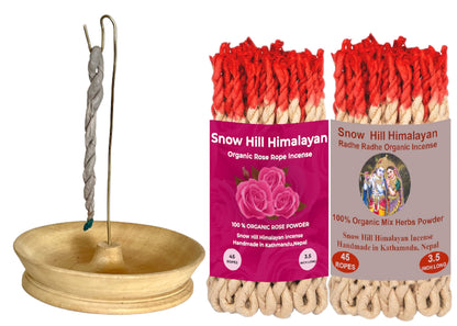 Snow Hill Incense Rope Holder Burner with 2 Pack of Rose & Radhe Radhe Incense Rope, Organic Composed of 26 Ritual Ingredients - Wooden Incense Ash Catcher Burner - Handmade in Nepal