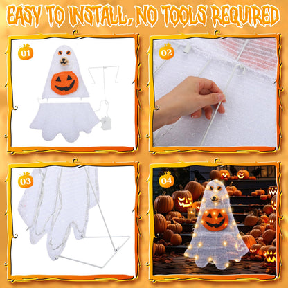 Retisee Lighted Halloween Ghost Dog Puppy with Pumpkin Outdoor Decoration Pre-lit 2D Tinsel Spooky Ghost Dog Halloween Lighted-up Party Courtyard Porch Garden Lawn Display Decor, Not Include Battery