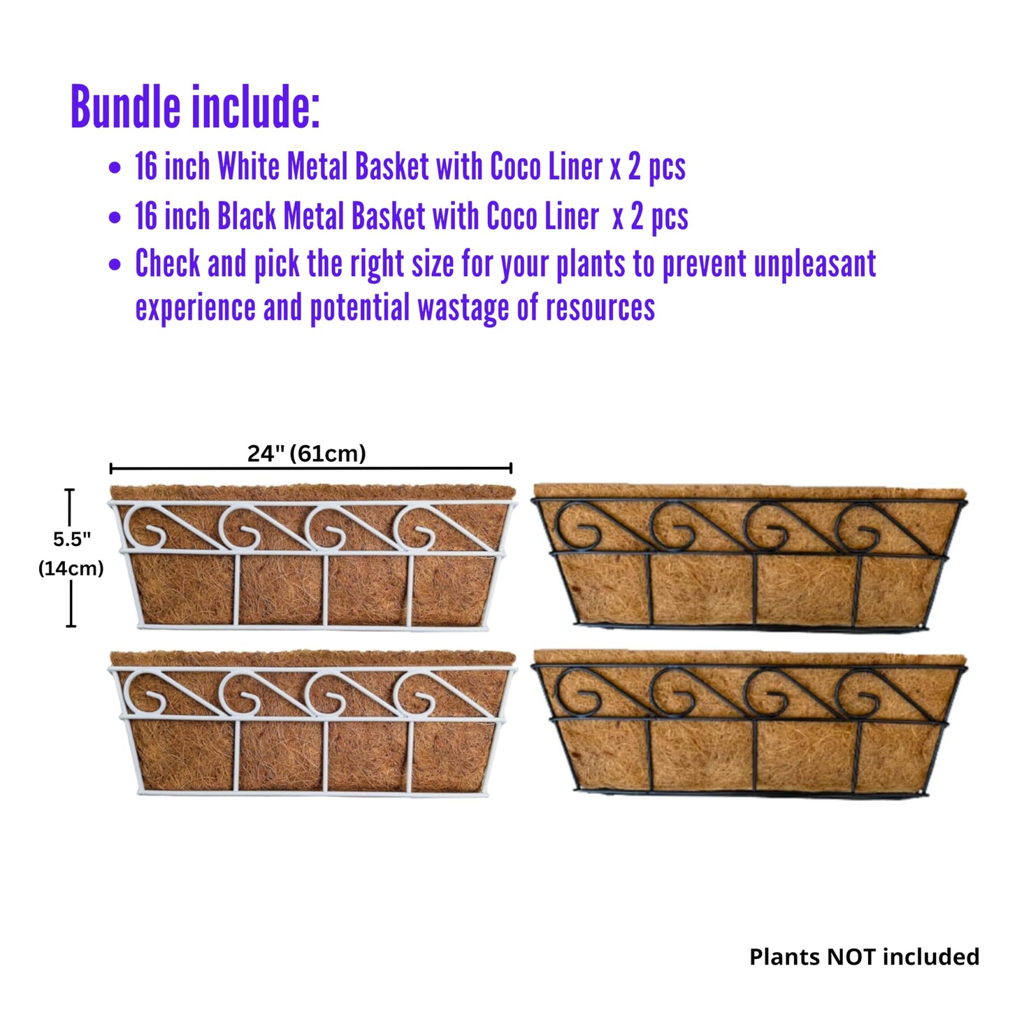 LaLaGreen Bundle (2 Pack, 24 Inch White + 2 Pack, 24 Inch Black) Window Flower Boxes with Coco Liner, Wall Mounted Planters Balcony Deck Railing Over The Rail Metal Horse Troughs Fence Patio Porch