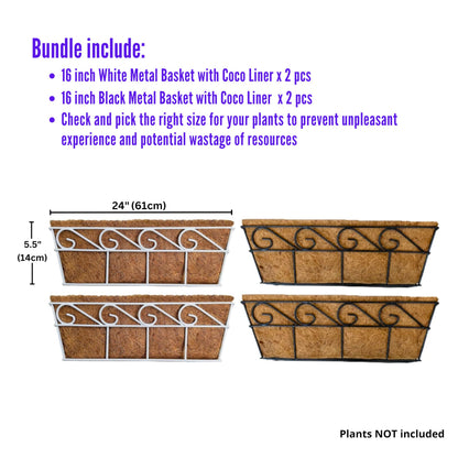 LaLaGreen Bundle (2 Pack, 24 Inch White + 2 Pack, 24 Inch Black) Window Flower Boxes with Coco Liner, Wall Mounted Planters Balcony Deck Railing Over The Rail Metal Horse Troughs Fence Patio Porch