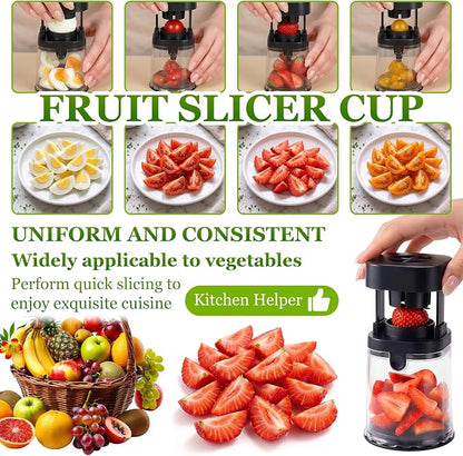 Mini Fruit Slicer Cup with Stainless Steel Blades, Strawberry Slicer & Grape Cutter, Push Type Fruit Cutter for Banana,Tomato,Blueberry & Egg,Reusable Fruit Chopper Kitchen Gadget,Quick Easy Slicing