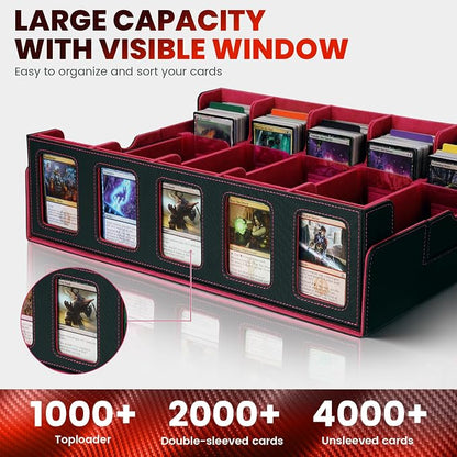 Red Trading Card Storage Box with Handle,5-Row Portable Game Case for 4000+ Cards, Leather Card Collection Case with Commander Display Window for MTG, Yugioh, and Sports Cards,Gifts for Card Collector