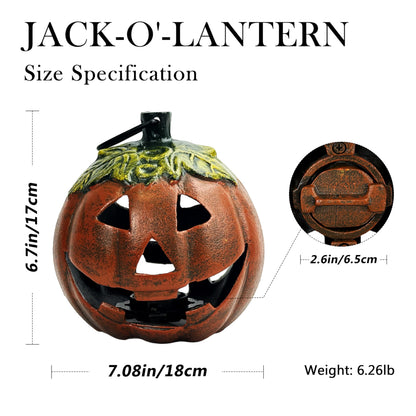 Linton Arts Cast Aluminum Jack O Lantern Candle Holder, Lighted Pumpkin Decor for Outside, Faux Pumpkin Lantern for Porch, Patio & Tabletop Halloween Decoration