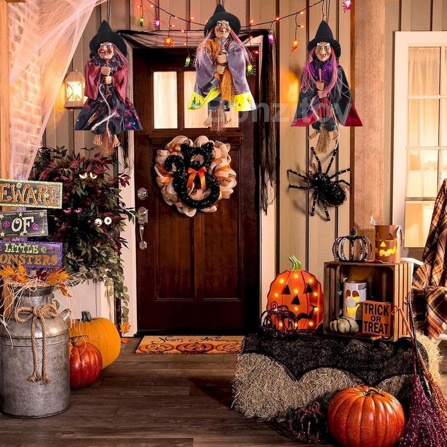 Bonzitoy Halloween Witch Ornaments 3 PCS, 8" Flying Witch Figures on Broomsticks, Haunted House Hanging Props